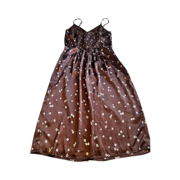 ABERCROMBIE & FITCH Medium Brown‎ Floral Sleeveless SATIN SLIP MIDI DRESS - Picture 2 of 4